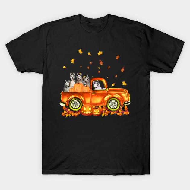 Husky Pumkin Car Autumne Halloween T-Shirt by Margaretsantana